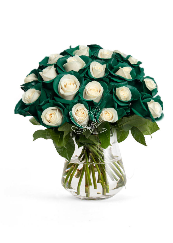 Green with White Long Stemmed Roses | Blooming Emotions